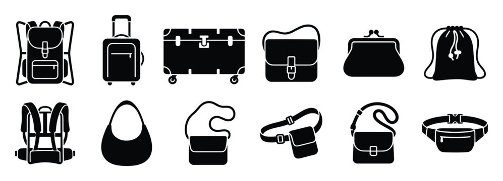 Set of essential bags, luggage, and personal accessory icons for web and graphic design projects.