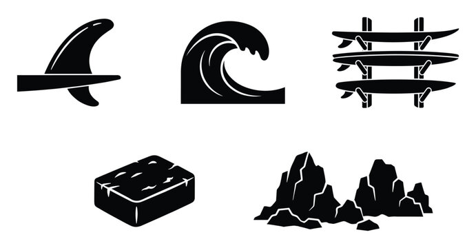 Set of surfing essentials and ocean nature icons for beach adventure web or app design
