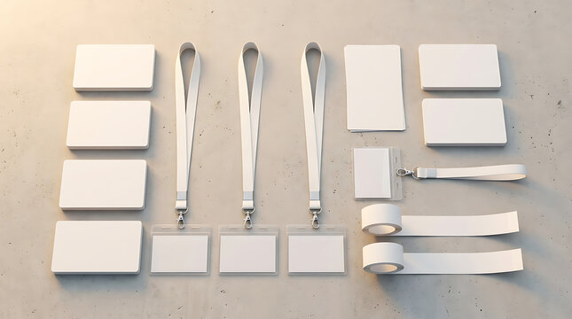 Collection of Blank White Lanyards and ID Card Holders on a Textured Surface for Event Access and Identification