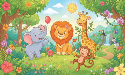 Naklejka premium Cute jungle animals vector illustration, colorful safari animal landscape for kids book