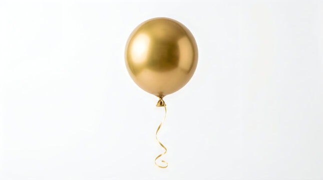 Single floating gold party balloon isolated on a clean white studio background