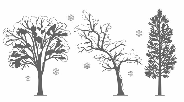 Set di icone vettoriali raffiguranti alberi stilizzati coperti di neve con fiocchi di neve che cadono, perfette per illustrazioni grafiche invernali e design stagionali minimalisti.