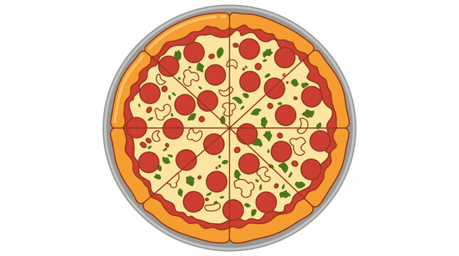 Deliciosa pizza de pepperoni cortada en porciones, con queso derretido y hierbas frescas, vista desde arriba sobre fondo blanco.