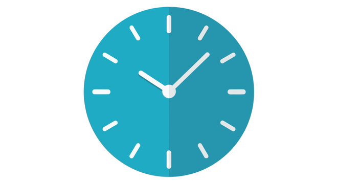 A flat design illustration of a teal colored wall clock showing approximately ten past eleven