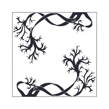 Elegant curvy Art nouveau style seaweed frame hand drawn monochrome vector illustration. Vintage black silhouette ocean flora
