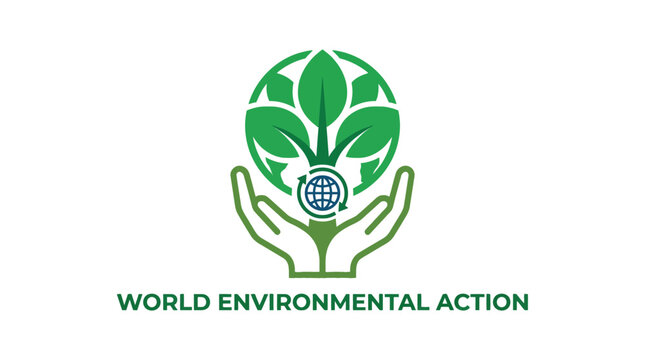 World environmental action logo with hands and leaf.