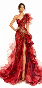 Elegant Woman in Ruby Red Couture Gown Watercolor Fashion Illustration Glamorous watercolor fashion illustration of an elegant woman wearing a dramatic ruby-red couture gown with flowing fabric, delic