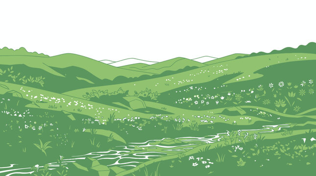 Ilustraci&oacute;n vectorial de un paisaje natural con colinas verdes, praderas floridas y un arroyo serpenteante, dise&ntilde;ado con un estilo art&iacute;stico minimalista en tonos monocrom&aacute;ticos de verde.