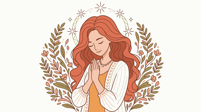 Illustrazione vettoriale di una giovane donna dai capelli rossi che prega con le mani giunte, circondata da una cornice floreale decorativa in stile delicato e spirituale.