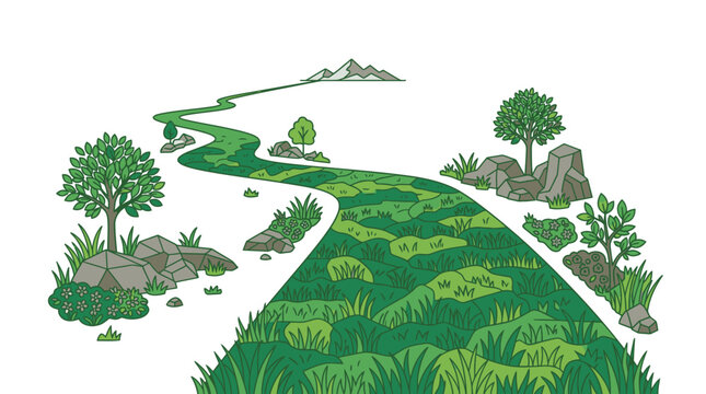 Illustrazione vettoriale di un sentiero verde che si snoda attraverso un paesaggio naturale stilizzato con alberi, rocce e montagne in lontananza su uno sfondo bianco pulito.