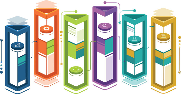 Colorful Six Step Vertical Infographic Template with Isometric Columns and Business Process Icons
