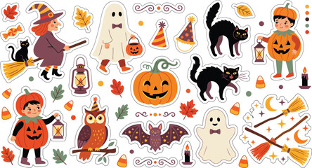 Fototapeta premium Cute hand drawn halloween set with kids in costumes pumpkin ghost witch cat owl bat and festive autumn holiday elements