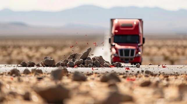 Severe collision between red semi truck and red passenger car on asphalt highway causes major damage