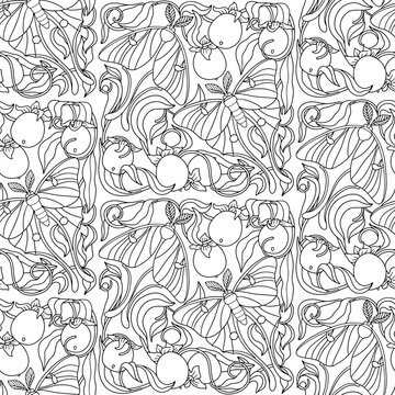 Art Nouveau monochrome black and white seamless pattern with Luna moths and ripe persimmons. Symmetrical organic design with elegant curves