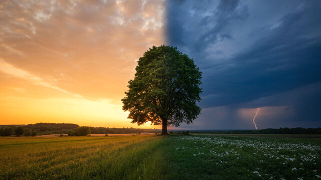 Conceptual landscape showing a single tree split between a golden sunset and a dark stormy lightning sky