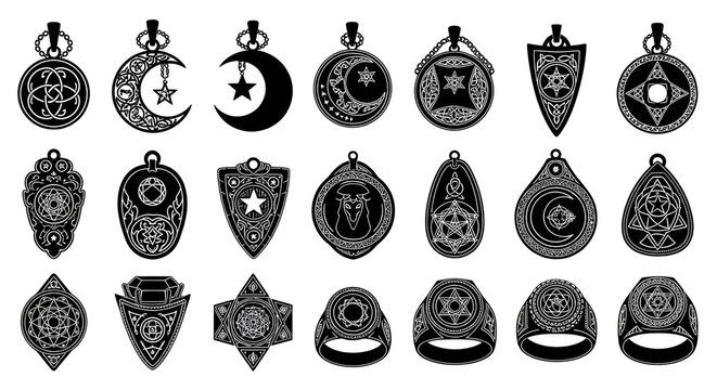 Set of Magical Amulets, Pendants and Rings Silhouettes on White Background
