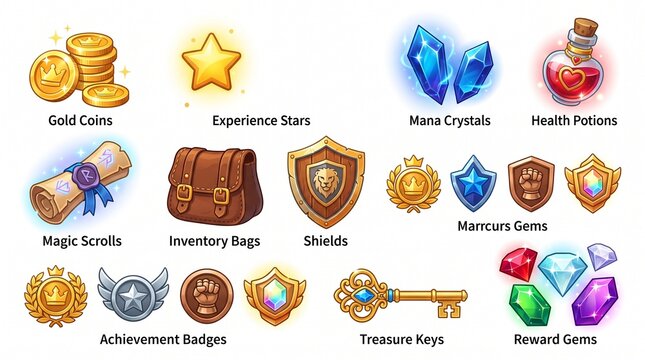 RPG game interface icons set, fantasy adventure symbols, gold coins, magic scrolls, mana crystals, achievement badges, mana gems vectors