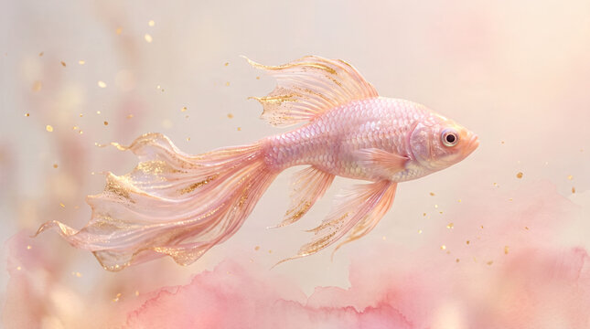 Elegant pink veiltail goldfish adorned with intricate golden ornamental filigree swims amid scattered sparkling gold glitter particles against soft pale beige background with subtle pink watercolor 