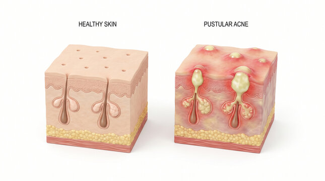 Pustular Acne Formation Compared to Healthy Skin Cross Section
