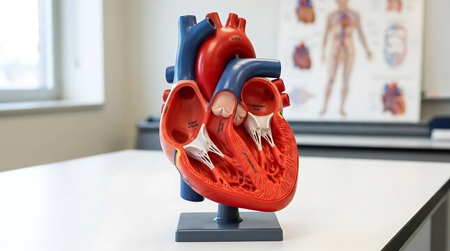 Anatomical model of human heart on a table
