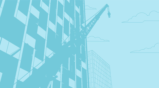 Illustrazione vettoriale stilizzata di un cantiere edile con una gru che sovrasta un moderno grattacielo su uno sfondo azzurro monocromatico, ideale per progetti di architettura e design.