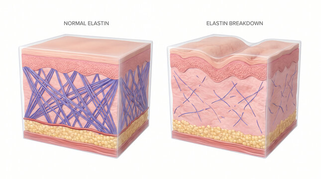 3D Skin Block Diagram Showing Normal Elastin and Breakdown
