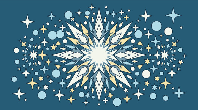 Illustrazione vettoriale di un fiocco di neve stilizzato circondato da stelle scintillanti e cerchi su uno sfondo blu scuro, perfetto per decorazioni natalizie e invernali.