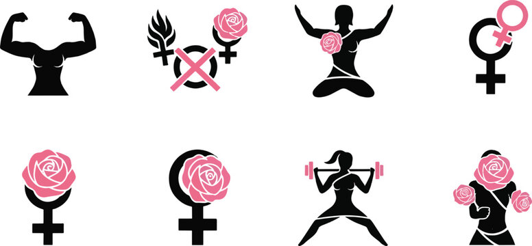 Women Empowerment Strong Biceps Female Gender Symbol Rose Flower and Barbell Fitness Vector Icon Set