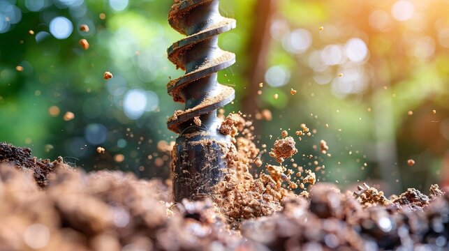 Intense close up of a robust industrial auger drill bit penetrating wet soil at construction site