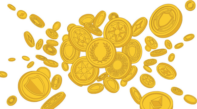 Un'illustrazione vettoriale di monete d'oro che fluttuano e cadono su uno sfondo bianco, rappresentando ricchezza, risparmio finanziario e successo economico in stile grafico.