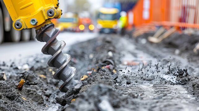 Close up of a robust industrial auger drill bit penetrating soft, wet soil at a construction site