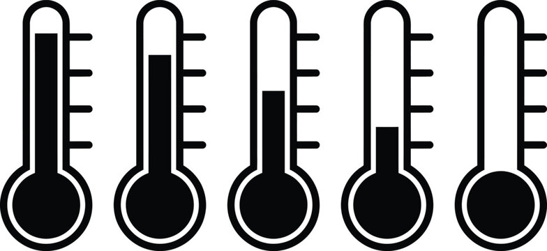 Set of five black and white thermometer showing varying levels of temperature, from full to empty, isolated on a white background