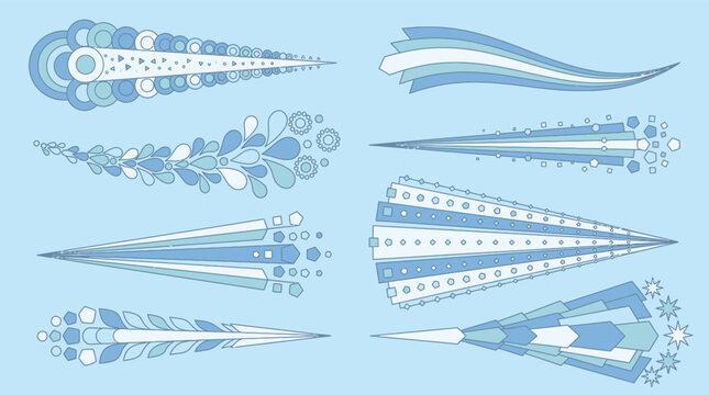 Conjunto de elementos gr&aacute;ficos abstractos con formas geom&eacute;tricas, estelas din&aacute;micas y dise&ntilde;os decorativos en tonos azules sobre un fondo claro, ideales para proyectos de dise&ntilde;o creativo.