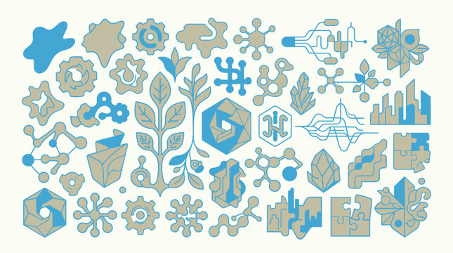 Conjunto de iconos abstractos y formas geom&eacute;tricas estilizadas en azul y gris sobre un fondo claro, ideal para dise&ntilde;o gr&aacute;fico, infograf&iacute;as y elementos decorativos modernos.