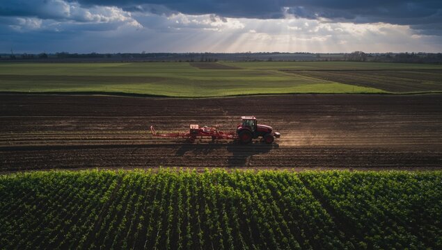 Red tractor pulling a plow through a dark soil field at sunset with dramatic sun rays piercing through clouds