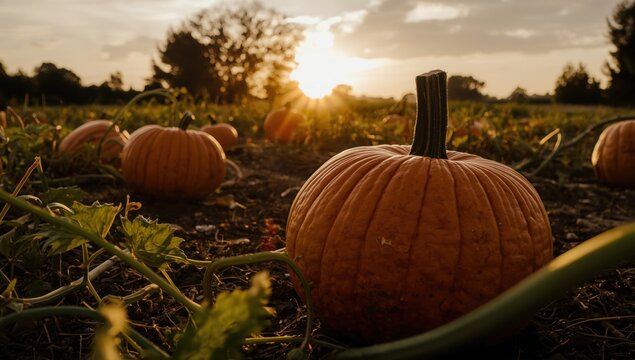 Ripe orange pumpkins in a field at sunset with golden hour light illuminating the autumn harvest farm landscape scene