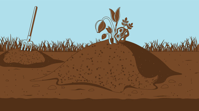 Ilustraci&oacute;n vectorial de un jard&iacute;n con mont&iacute;culos de tierra fresca, plantas peque&ntilde;as brotando y una horca de jard&iacute;n clavada en el suelo, ideal para temas de agricultura y jardiner&iacute;a.