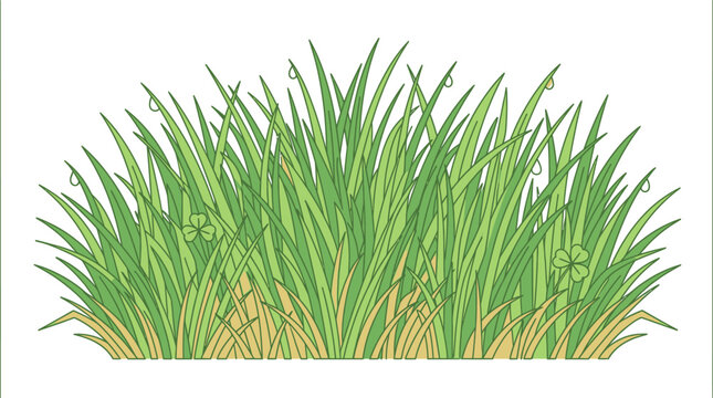 Ilustraci&oacute;n vectorial de un grupo de hierba verde fresca con hojas de tr&eacute;bol y gotas de roc&iacute;o aisladas sobre un fondo blanco para dise&ntilde;o gr&aacute;fico y proyectos de naturaleza