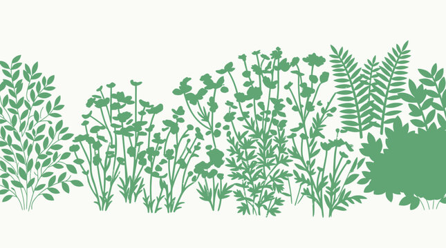 Ilustraci&oacute;n vectorial de una franja decorativa con siluetas de plantas silvestres, helechos y arbustos en color verde sobre un fondo blanco limpio, ideal para dise&ntilde;o gr&aacute;fico y bordes.