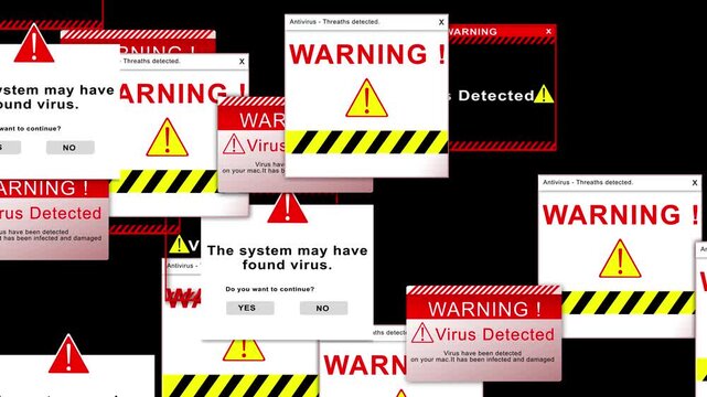 Computer virus alert warning visual stacked danger boxes, antivirus threat notices, red alarm frames, black screen space. Perfect for malware explainers, security training, hacker , motion graphics.