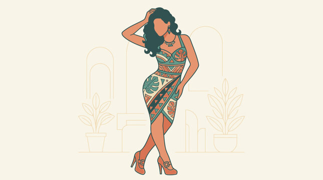Ilustraci&oacute;n vectorial de una mujer elegante con vestido estampado posando con confianza en un entorno interior minimalista con plantas decorativas y l&iacute;neas suaves
