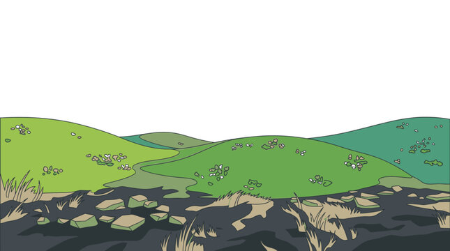 Illustrazione vettoriale di un paesaggio collinare stilizzato con dolci pendii verdi, rocce in primo piano e spazio vuoto sopra per il design grafico e la composizione.