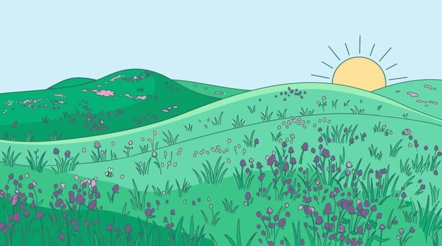 Illustrazione vettoriale di un paesaggio collinare primaverile con fiori selvatici viola, erba verde brillante e un sole nascente nel cielo azzurro, stile cartone animato piatto.