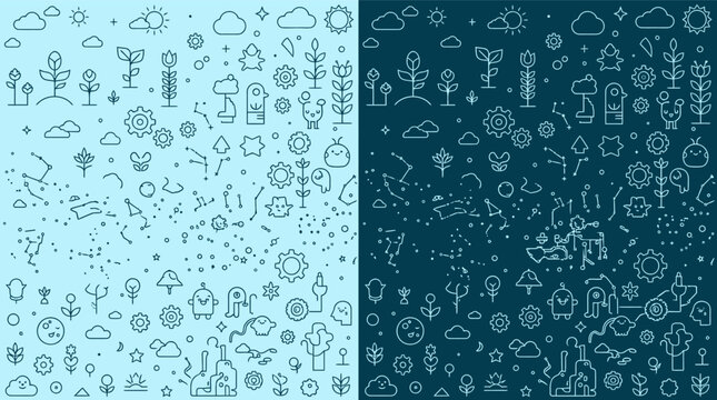 Patr&oacute;n de dise&ntilde;o sin costuras con iconos de l&iacute;nea fina que representan elementos de la naturaleza, el clima y el cosmos, presentado en dos tonos de azul contrastantes para un estilo moderno.
