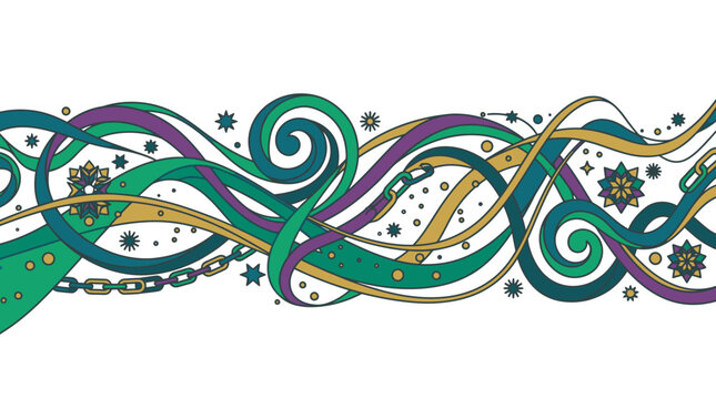 Borde decorativo horizontal con elegantes cintas onduladas en tonos verde, morado y dorado, adornado con elementos geom&eacute;tricos y estrellas sobre un fondo blanco limpio.