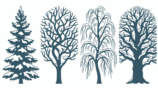 Set di icone vettoriali raffiguranti quattro diversi tipi di alberi stilizzati coperti di neve, ideali per design invernali, illustrazioni stagionali e grafiche naturalistiche minimaliste.