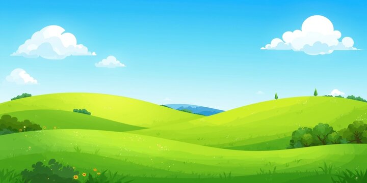 Rolling green hills under a bright blue sky with fluffy white clouds in a peaceful and sunny summer landscape view