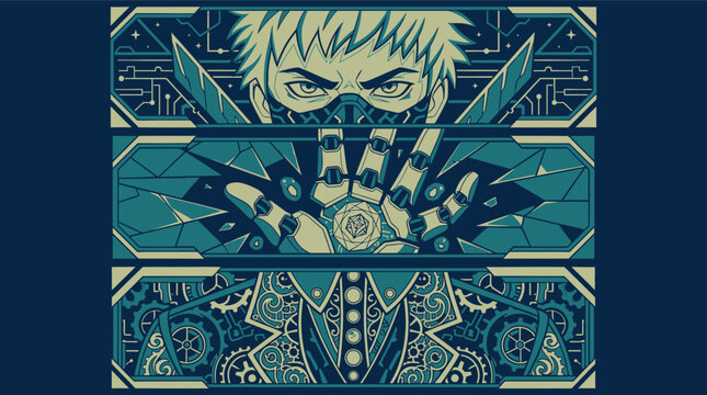 Illustrazione vettoriale in stile cyberpunk di un personaggio misterioso con maschera tecnologica, mano cibernetica e abbigliamento dettagliato con ingranaggi su sfondo blu scuro.