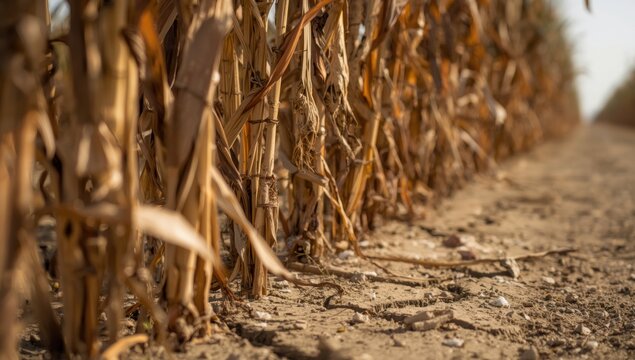 Rows of dried corn stalks in a parched agricultural field during a drought with cracked dry earth under sunlight