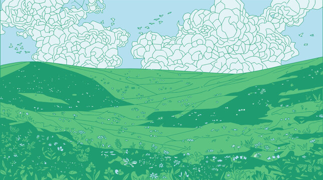 Ilustraci&oacute;n vectorial de un paisaje natural con colinas verdes, praderas floridas y nubes estilizadas en un cielo azul claro, ideal para fondos de dise&ntilde;o gr&aacute;fico y naturaleza.